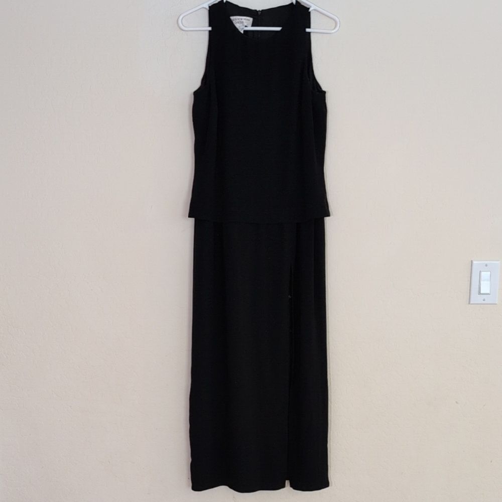 Jones New York Elegant Black Sleeveless Overlay Long Tank Dress Buttons -Size 10